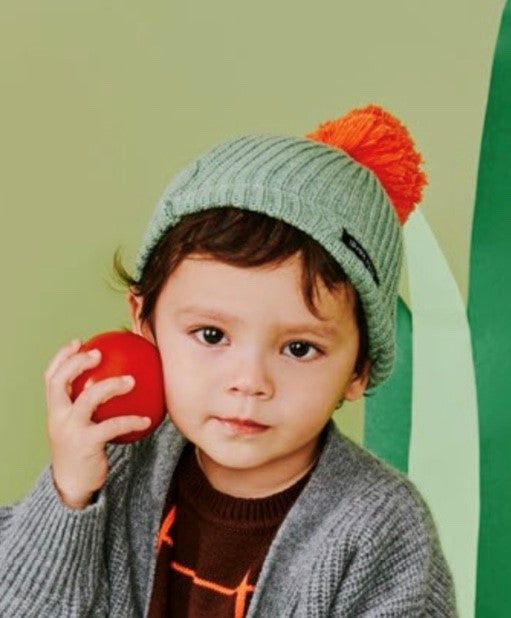 Green Beanie with Orange Poof